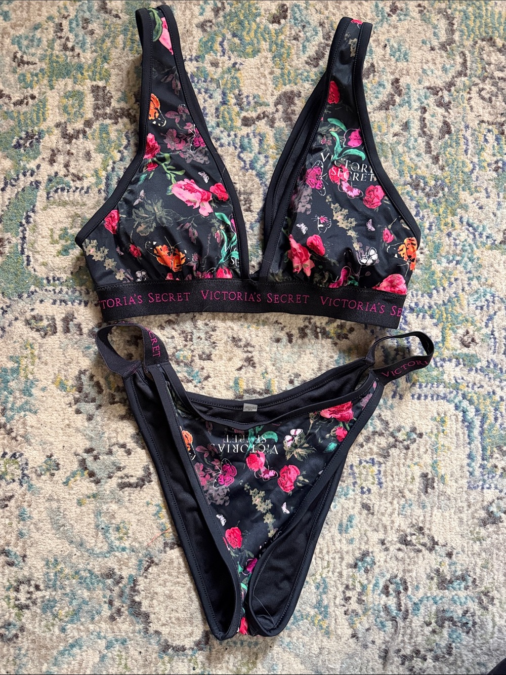 Victoria's Secret Black Floral Bralette & Bikini Set with Pink Accents